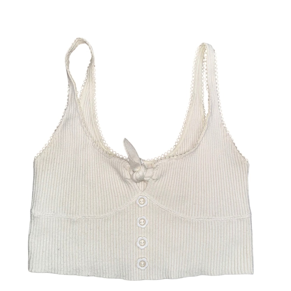 For Love & Lemons Crop Top Women L Ivory Excellent Ribbed Scalloped Tie Front
